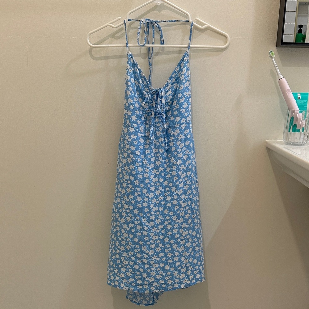 American Eagle Blue Daisy Print Halter Sundress